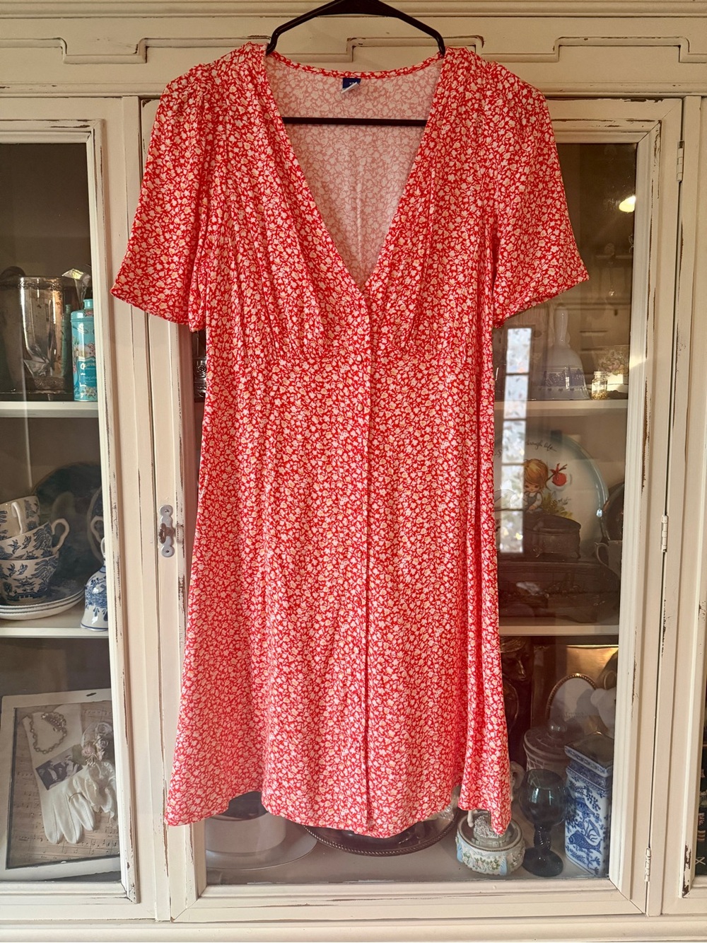 Old Navy Coral-Red Floral Faux Wrap Midi Dress